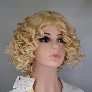 Human Hair Blend wig short Curly Blonde, Heat OK